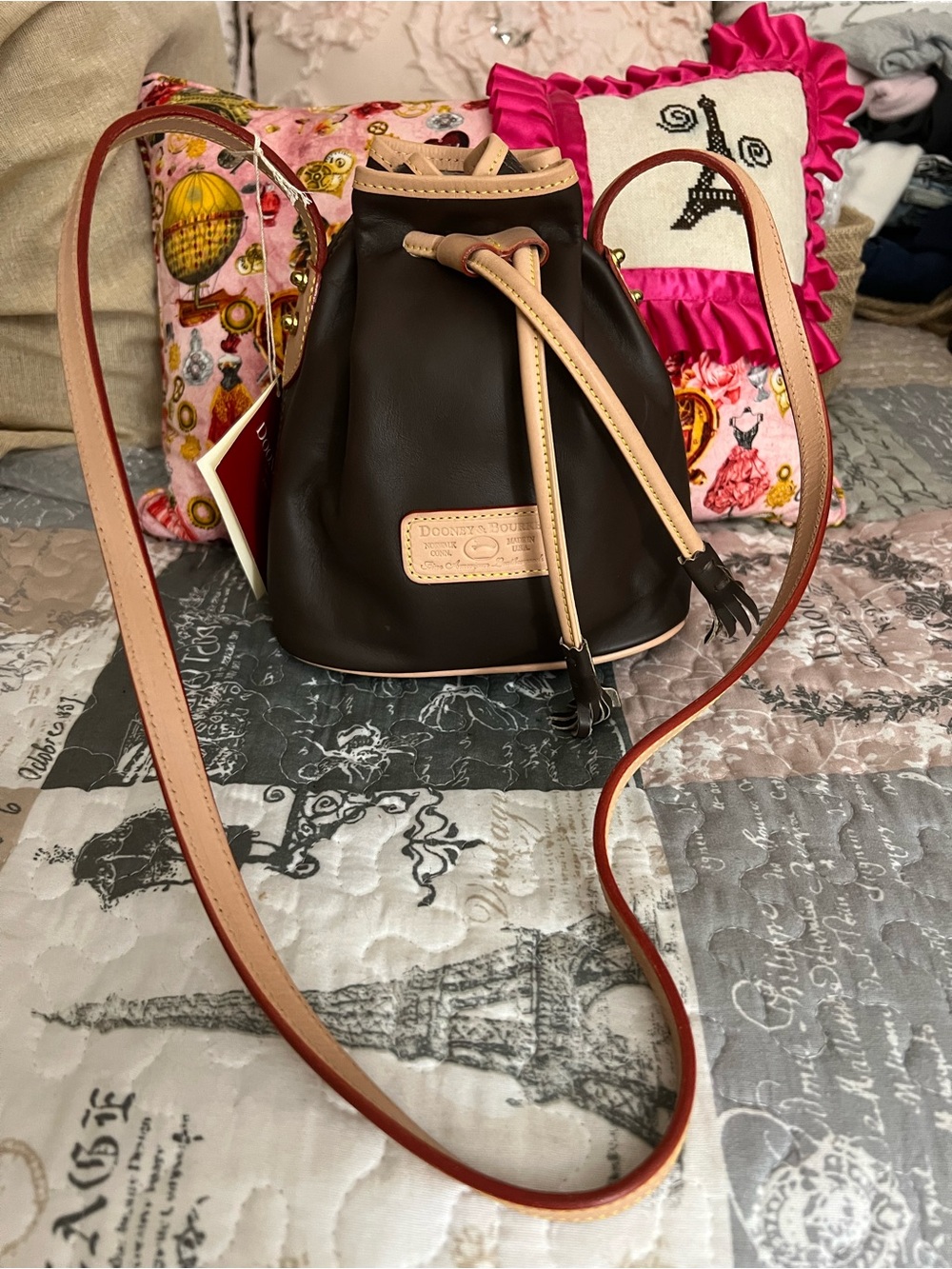 Dooney & Bourke Brown Leather Mini Drawstring Bucket Bag with Natural Trim